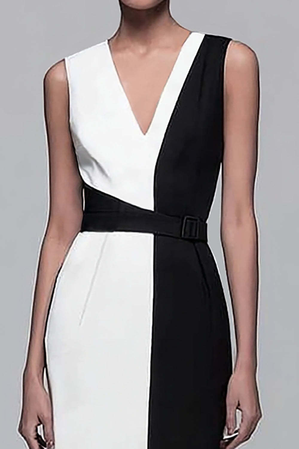 Maxi Black and White Patchwork Pencil V-Neck Sleeveless Work Dress