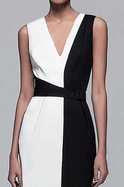 Maxi Black and White Patchwork Pencil V-Neck Sleeveless Work Dress