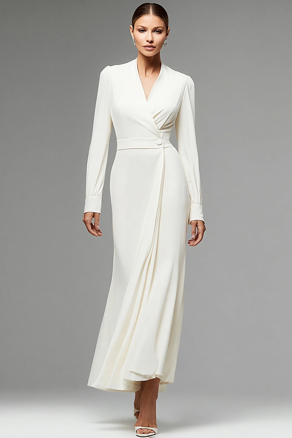 Maxi Ivory Chiffon Ruched Long Sleeves Work Dress