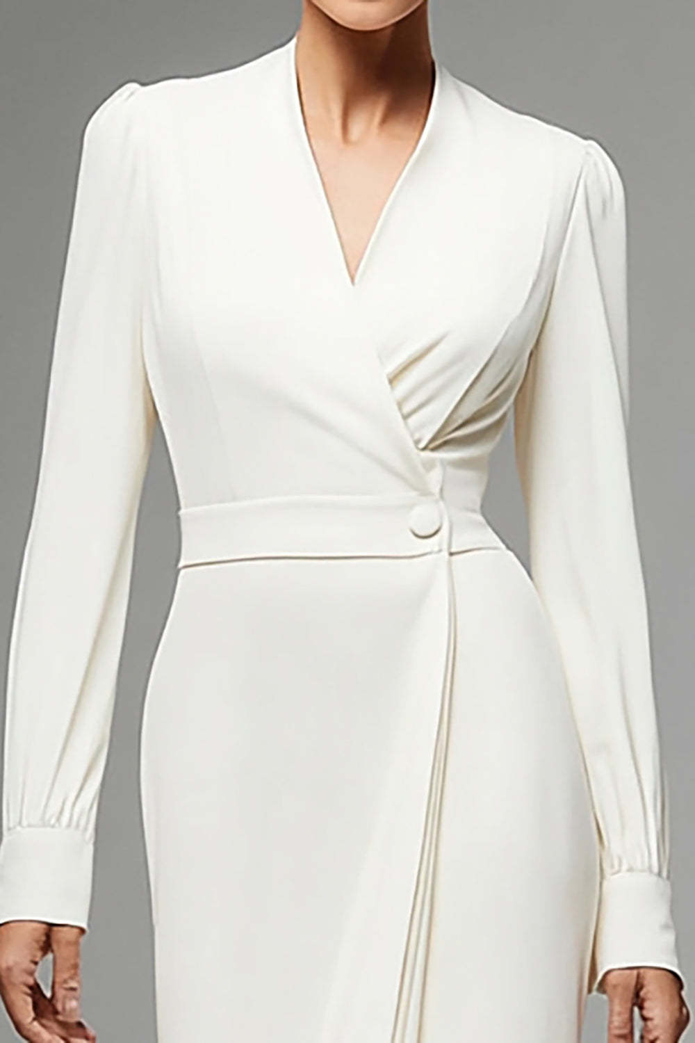 Maxi Ivory Chiffon Ruched Long Sleeves Work Dress