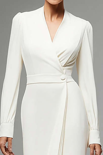 Maxi Ivory Chiffon Ruched Long Sleeves Work Dress