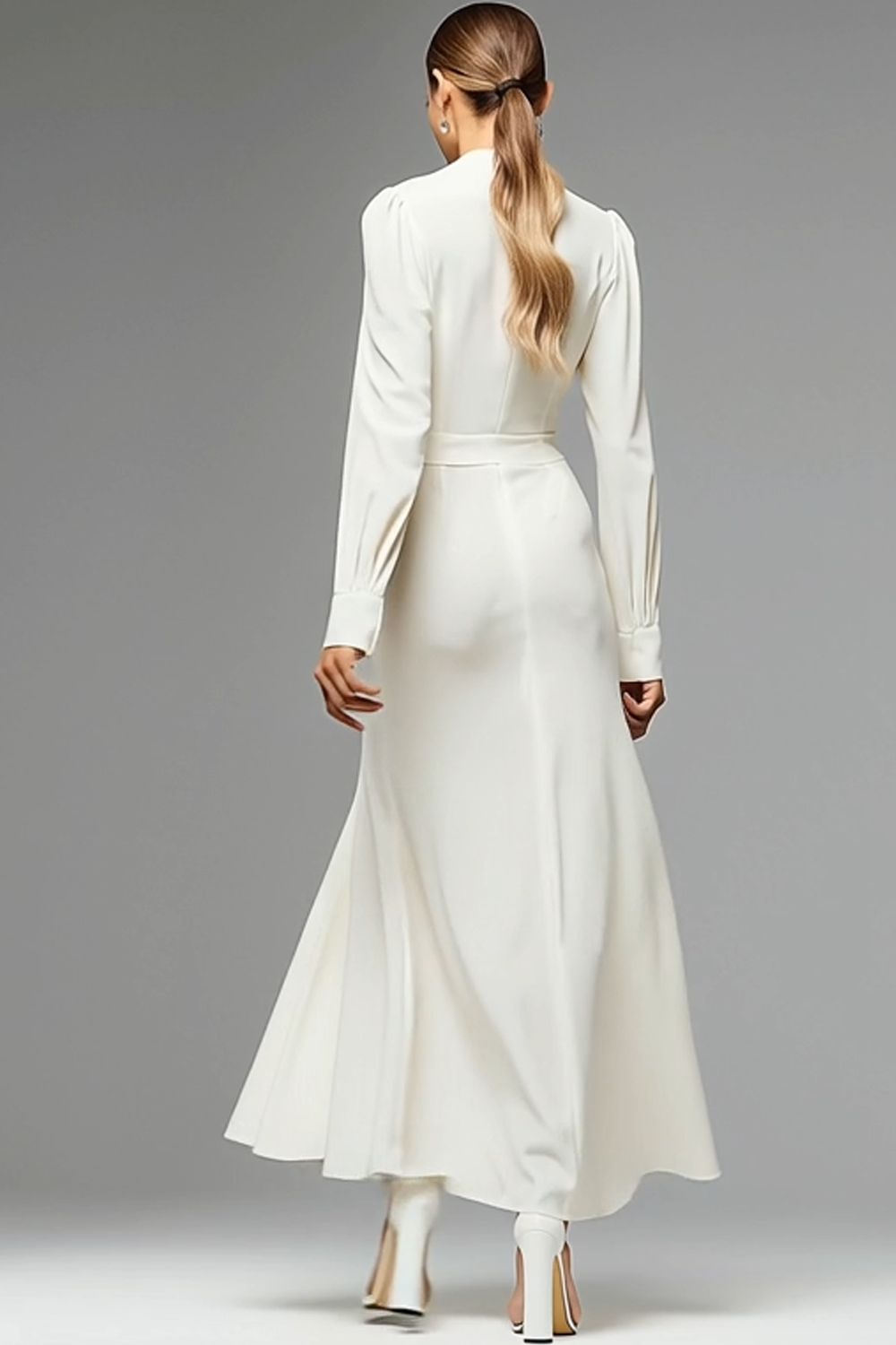 Maxi Ivory Chiffon Ruched Long Sleeves Work Dress