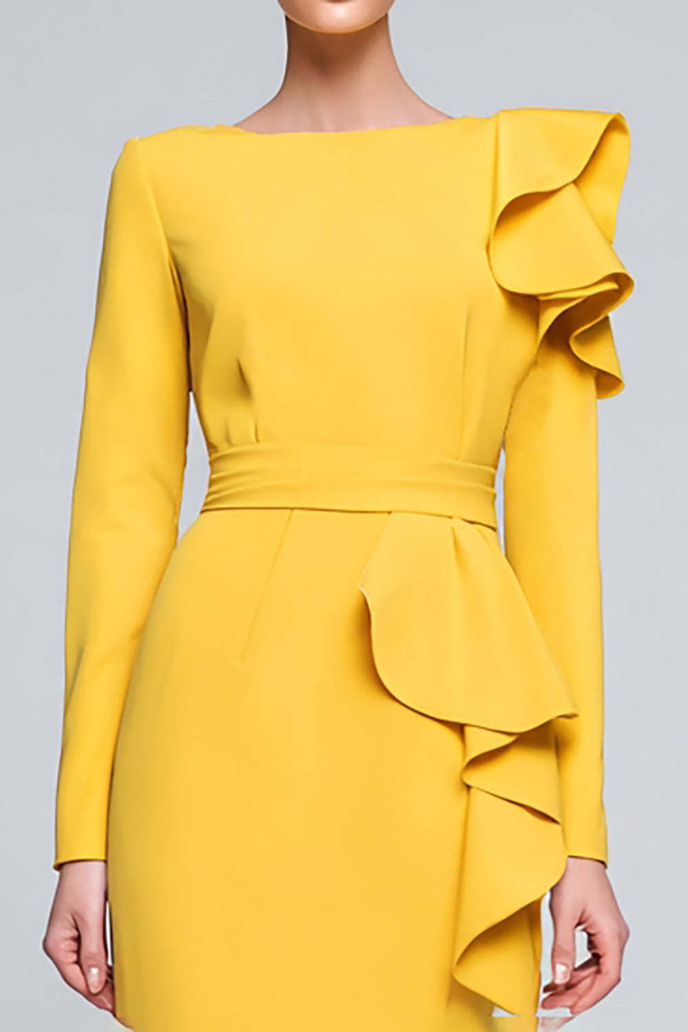Ruffled Yellow Pencil Bateau Neck Long Work Dress with Sleeves
