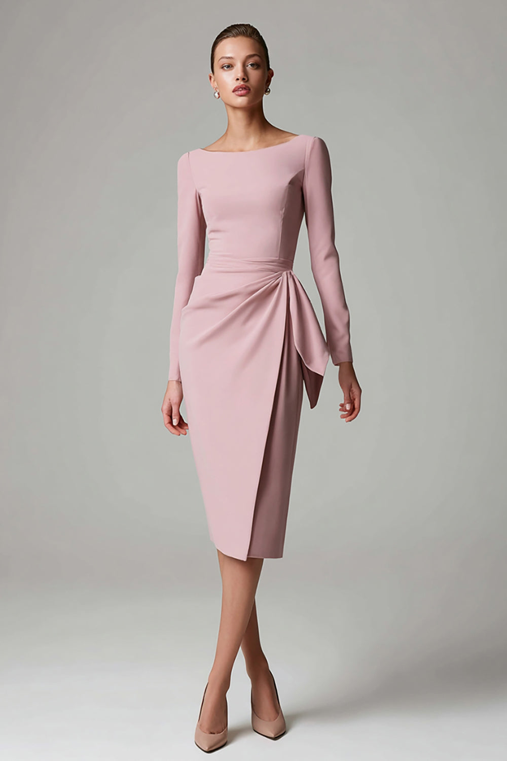 Leely Women Pink Pencil Satin Midi Work Dress with Sash Long Sleeves Boat Neck Ruched Business Dress
