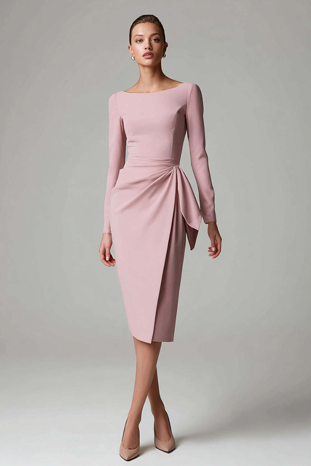 Leely Women Pink Pencil Satin Midi Work Dress with Sash Long Sleeves Boat Neck Ruched Business Dress