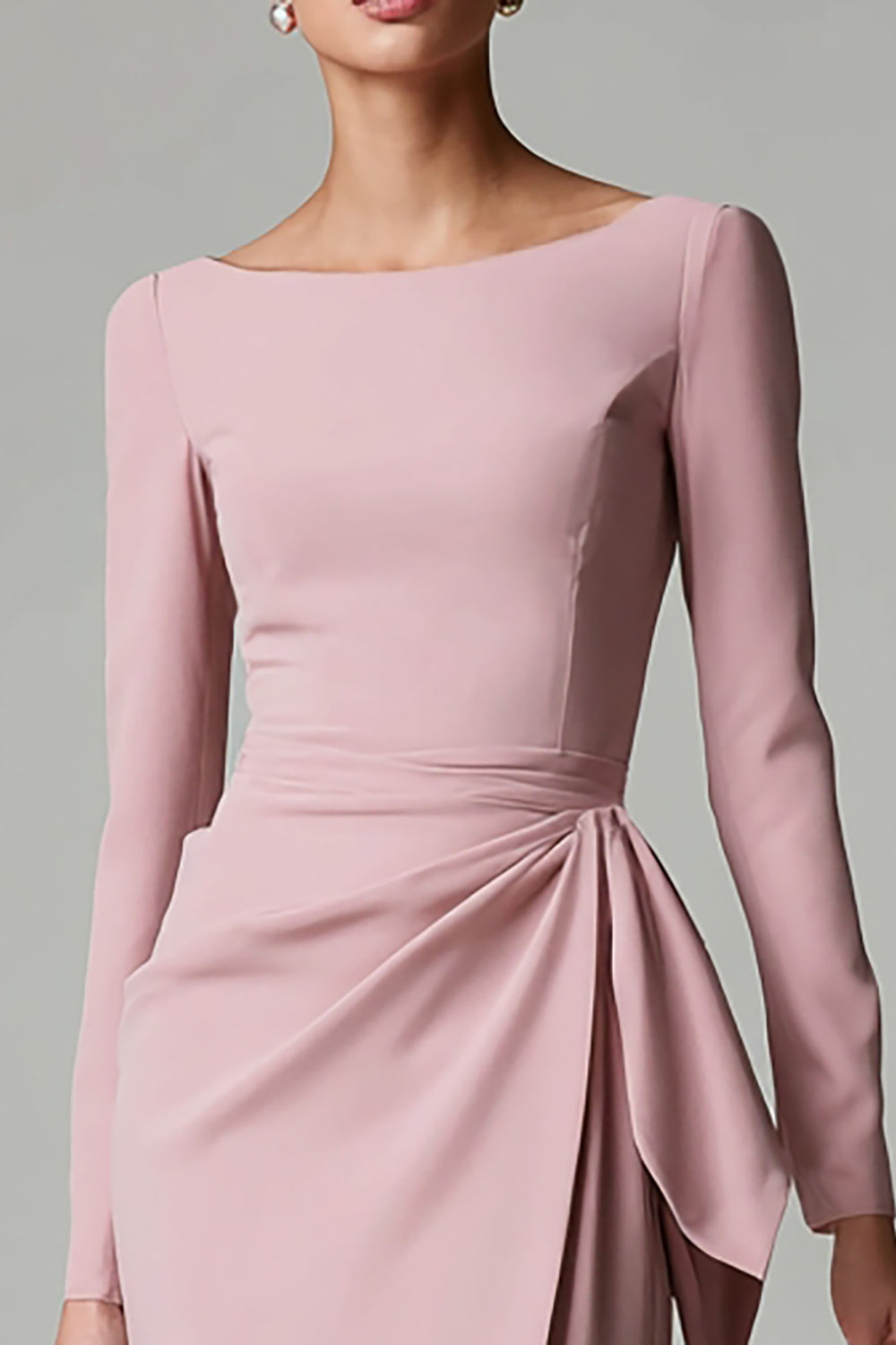 Pencil Pink Satin Boat Neck Midi Work Dress with Sash