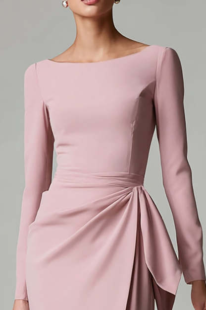 Pencil Pink Satin Boat Neck Midi Work Dress with Sash