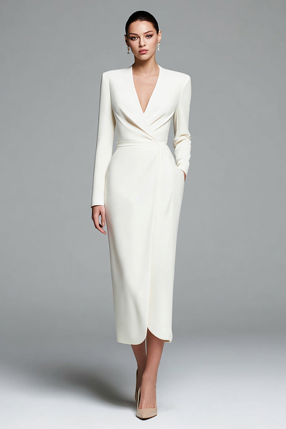 Simple Ivory Satin Sheath V-Neck Long Sleeves Work Dress
