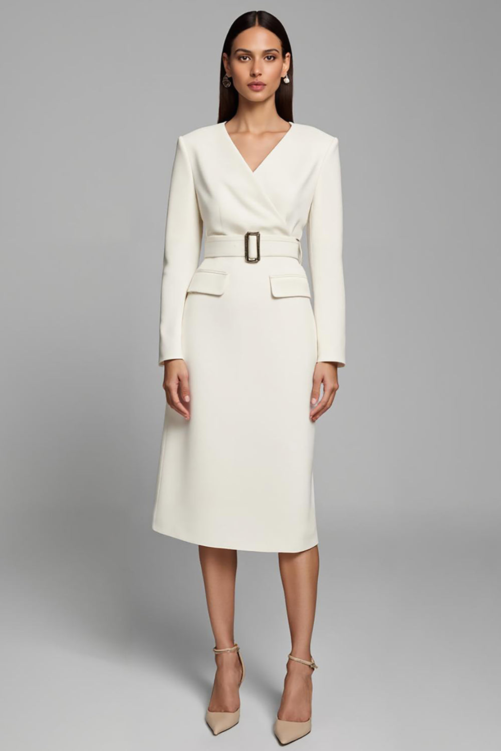 Leely Women Ivory Pencil Midi Work Dress with Sleeves V-Neck Business Dress with Belt
