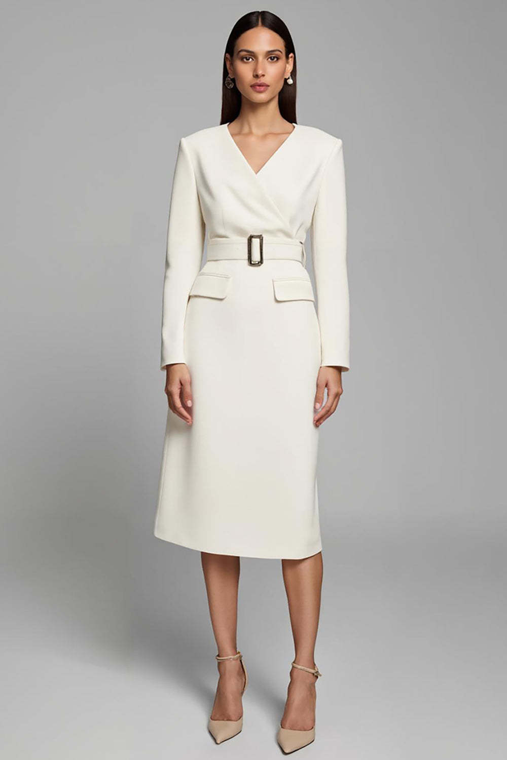 Leely Women Ivory Pencil Midi Work Dress with Sleeves V-Neck Business Dress with Belt