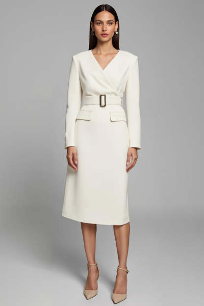 Leely Women Ivory Pencil Midi Work Dress with Sleeves V-Neck Business Dress with Belt