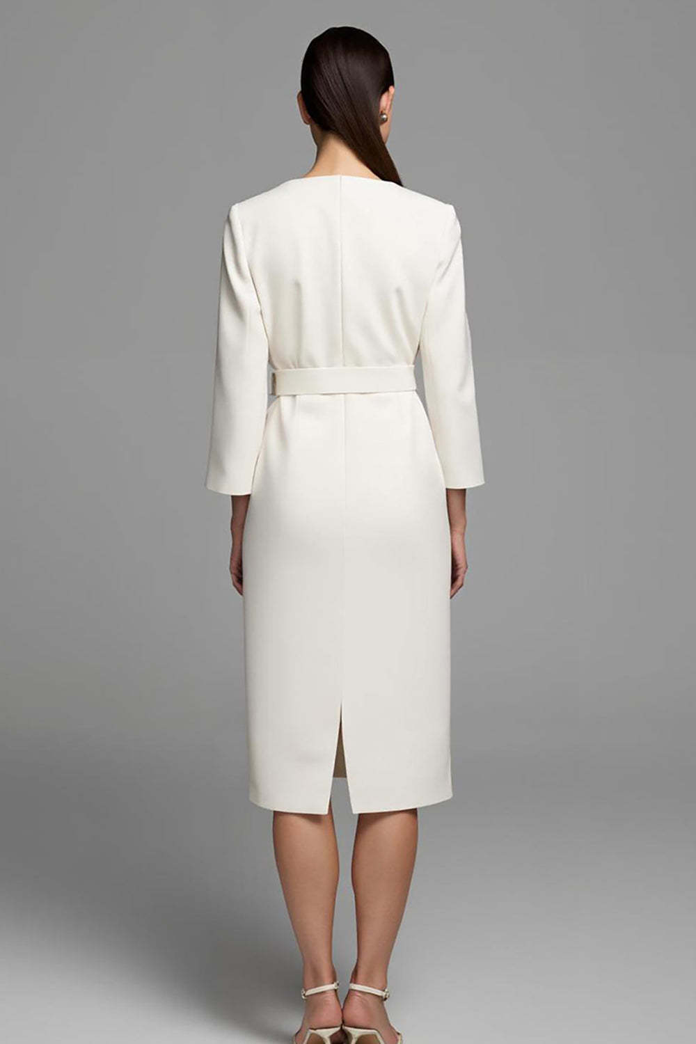 Midi Ivory Pencil V-Neck Long Sleeves Work Dress with Belt