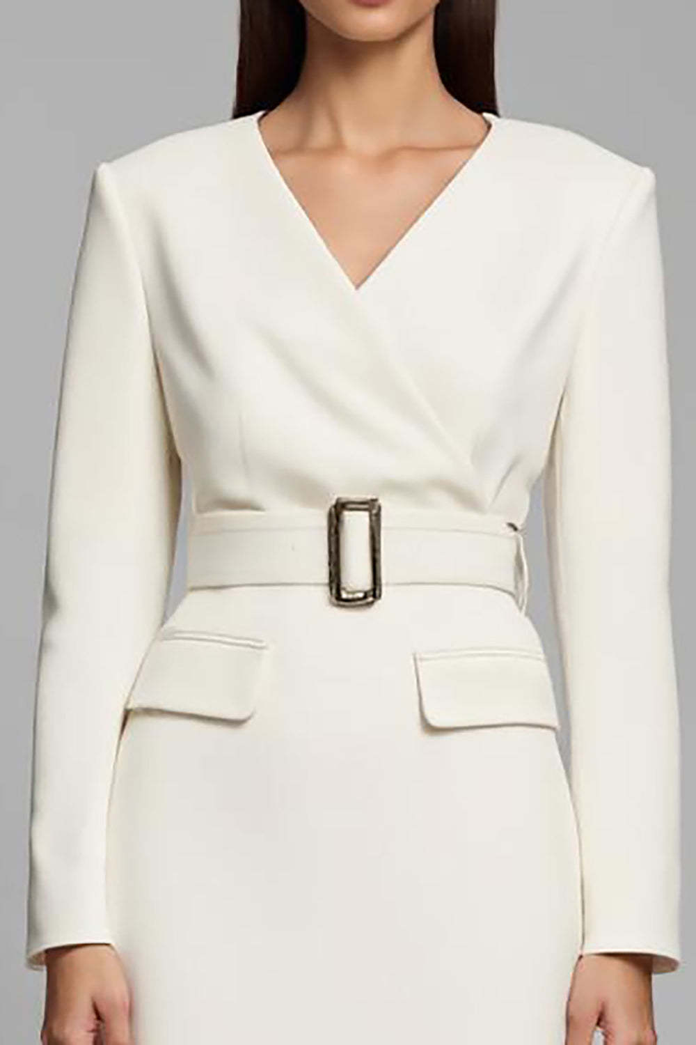 Midi Ivory Pencil V-Neck Long Sleeves Work Dress with Belt