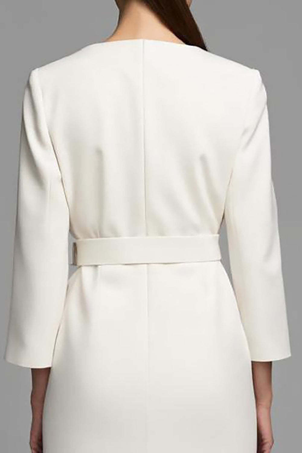 Midi Ivory Pencil V-Neck Long Sleeves Work Dress with Belt