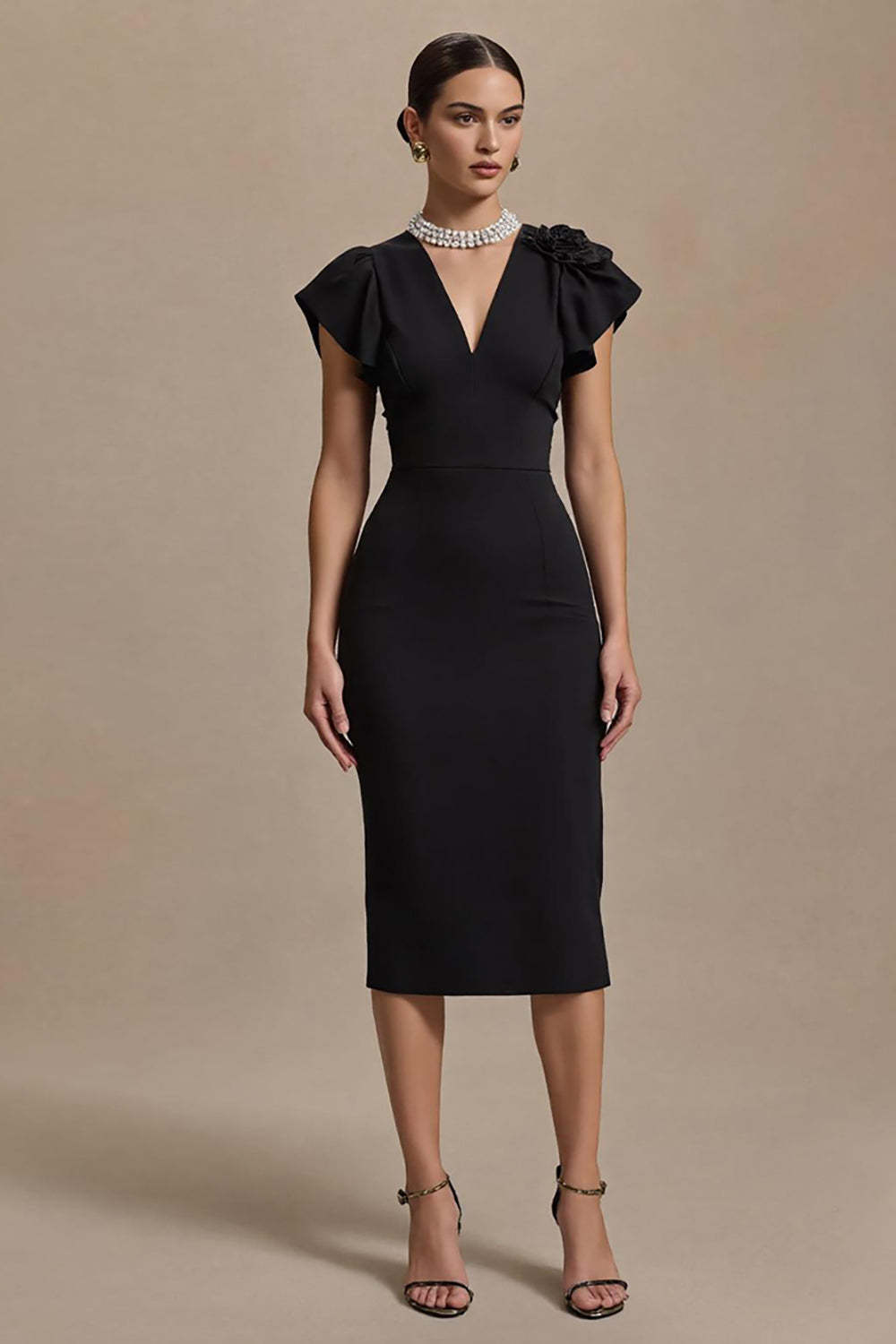 Leely Women Black Pencil Midi Work Dress with Sleeves V-Neck Satin Business Dress with Ruffles