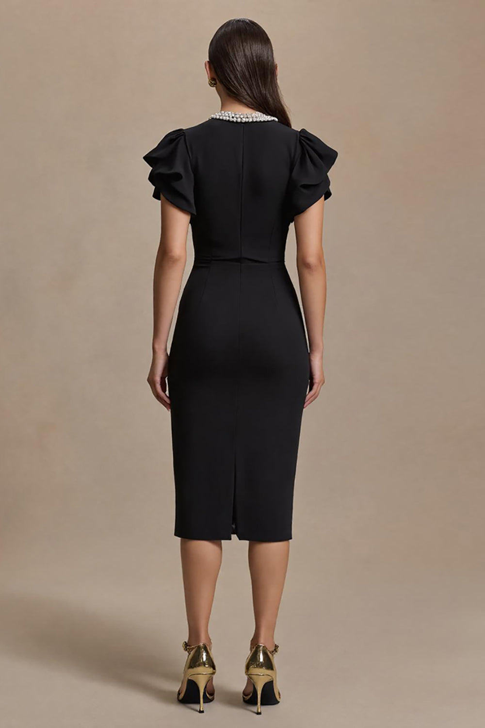 Black Midi Satin Pencil V-Neck Work Dress with Ruffles
