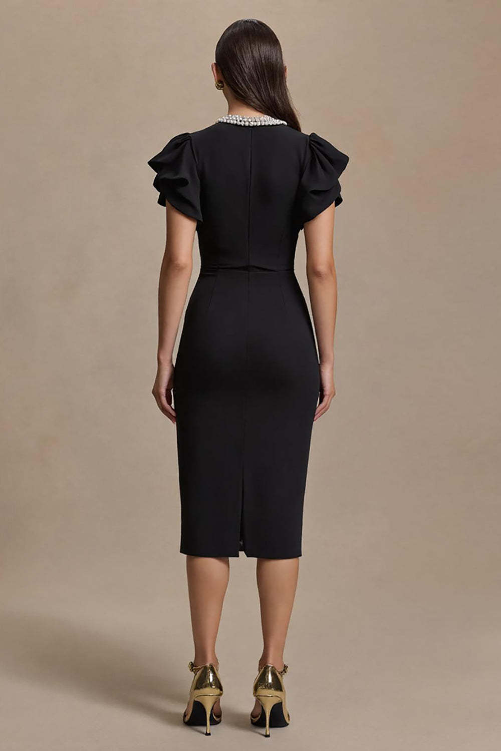 Black Midi Satin Pencil V-Neck Work Dress with Ruffles