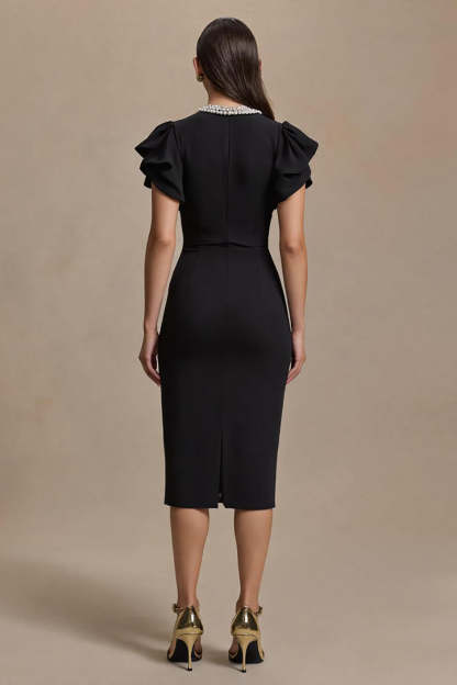 Black Midi Satin Pencil V-Neck Work Dress with Ruffles