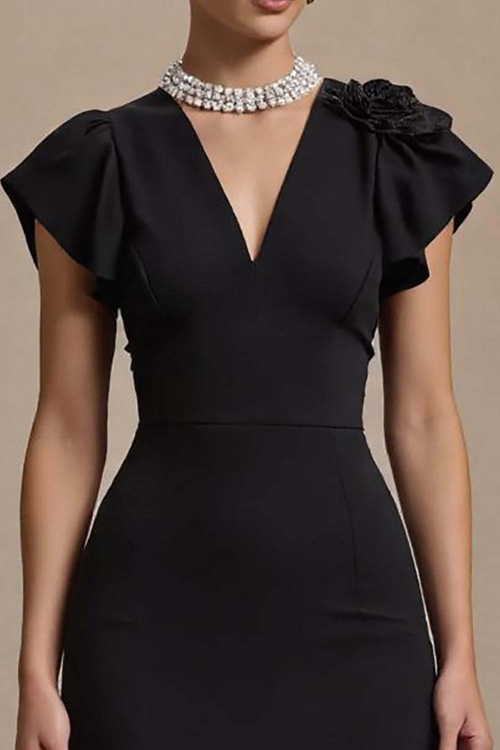 Black Midi Satin Pencil V-Neck Work Dress with Ruffles