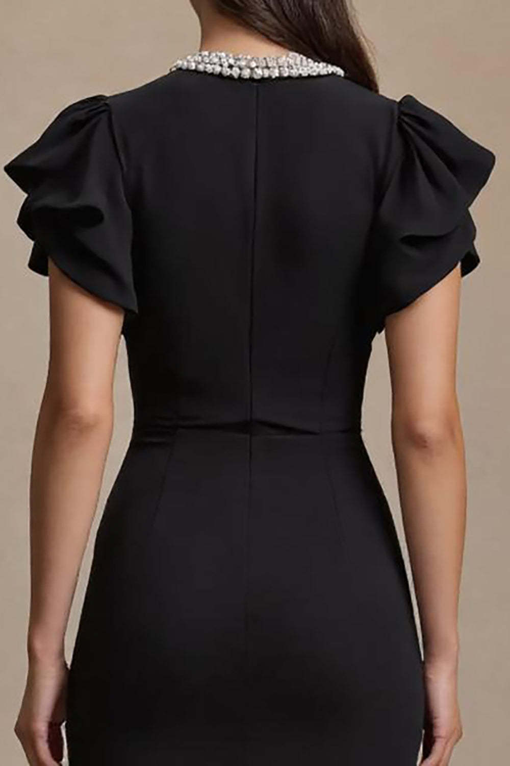 Black Midi Satin Pencil V-Neck Work Dress with Ruffles