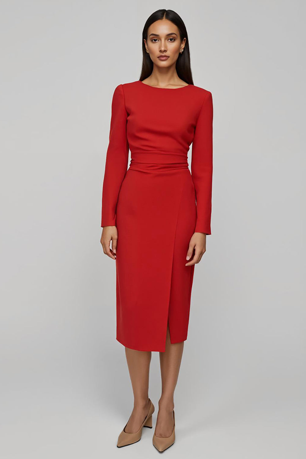 Leely Women Red Satin Sheath Midi Work Dress with Slit Ruched Boat Neck Business Dress with Sleeves