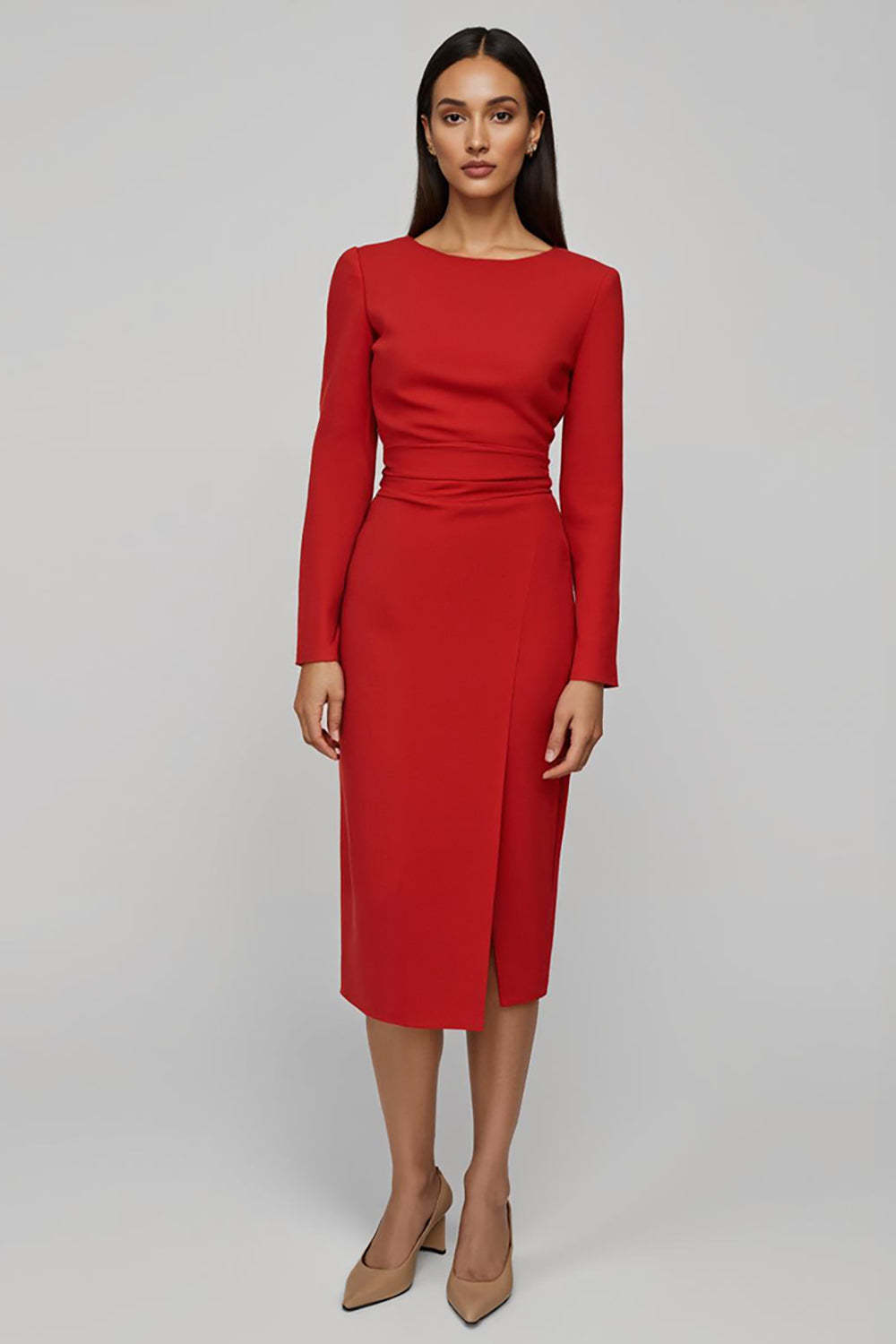 Leely Women Red Satin Sheath Midi Work Dress with Slit Ruched Boat Neck Business Dress with Sleeves