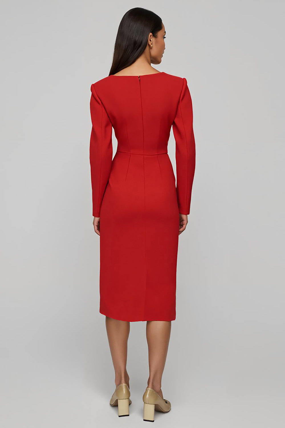 Red Satin Sheath Long Sleeves Boat Neck Midi Work Dress with Slit