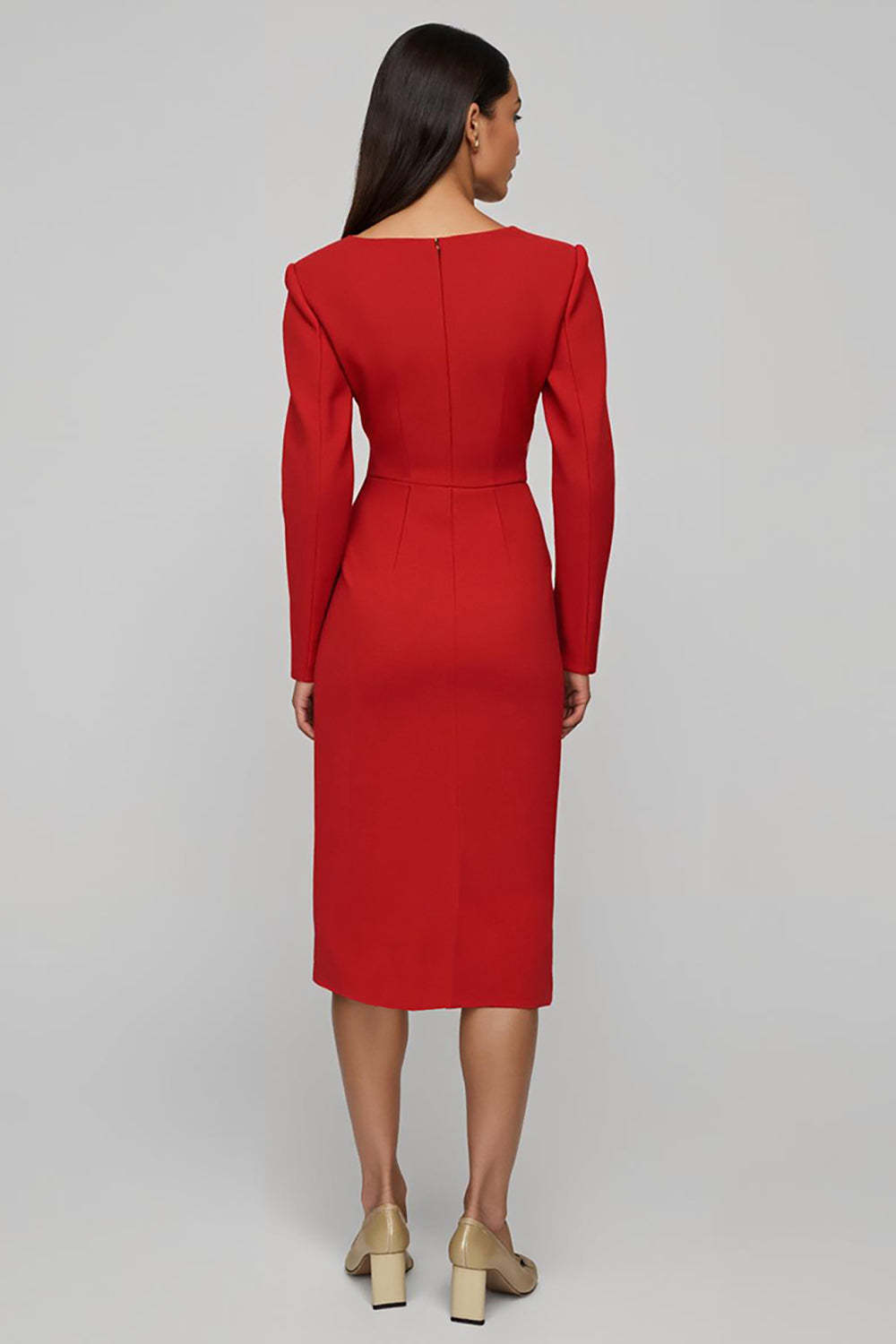 Red Satin Sheath Long Sleeves Boat Neck Midi Work Dress with Slit