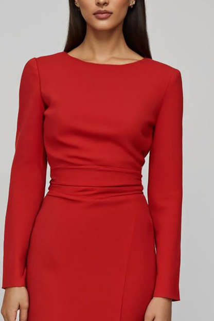 Red Satin Sheath Long Sleeves Boat Neck Midi Work Dress with Slit