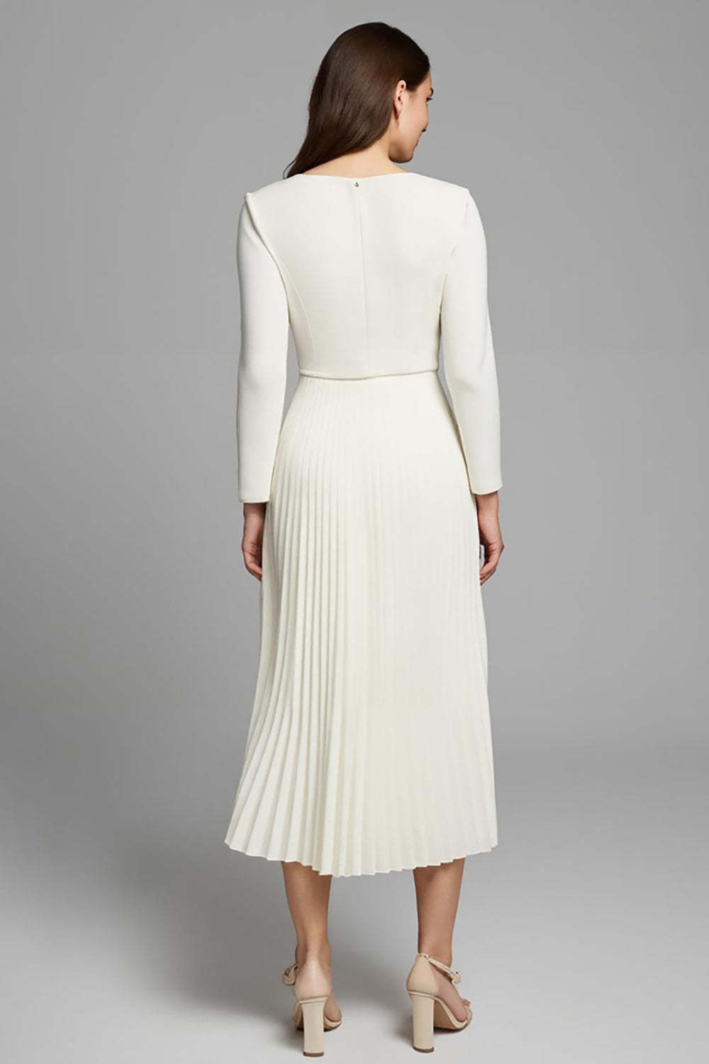 A Line Pleated Ivory Square Neck Long Sleeves Work Dress
