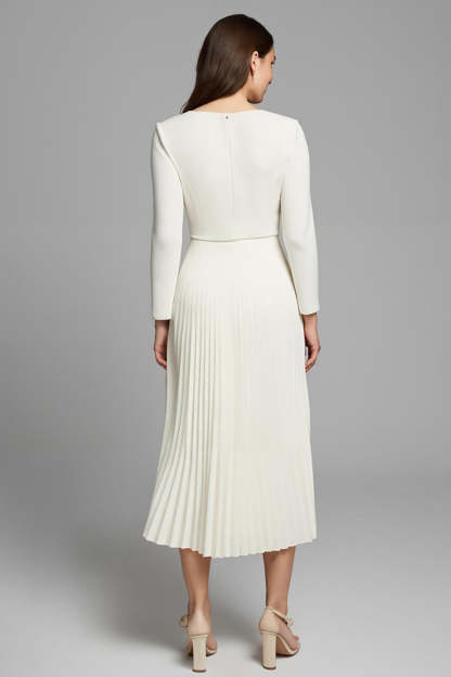 A Line Pleated Ivory Square Neck Long Sleeves Work Dress