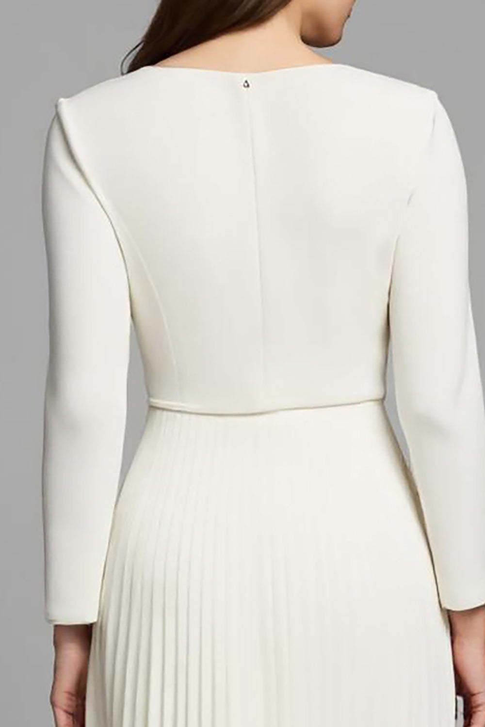 A Line Pleated Ivory Square Neck Long Sleeves Work Dress