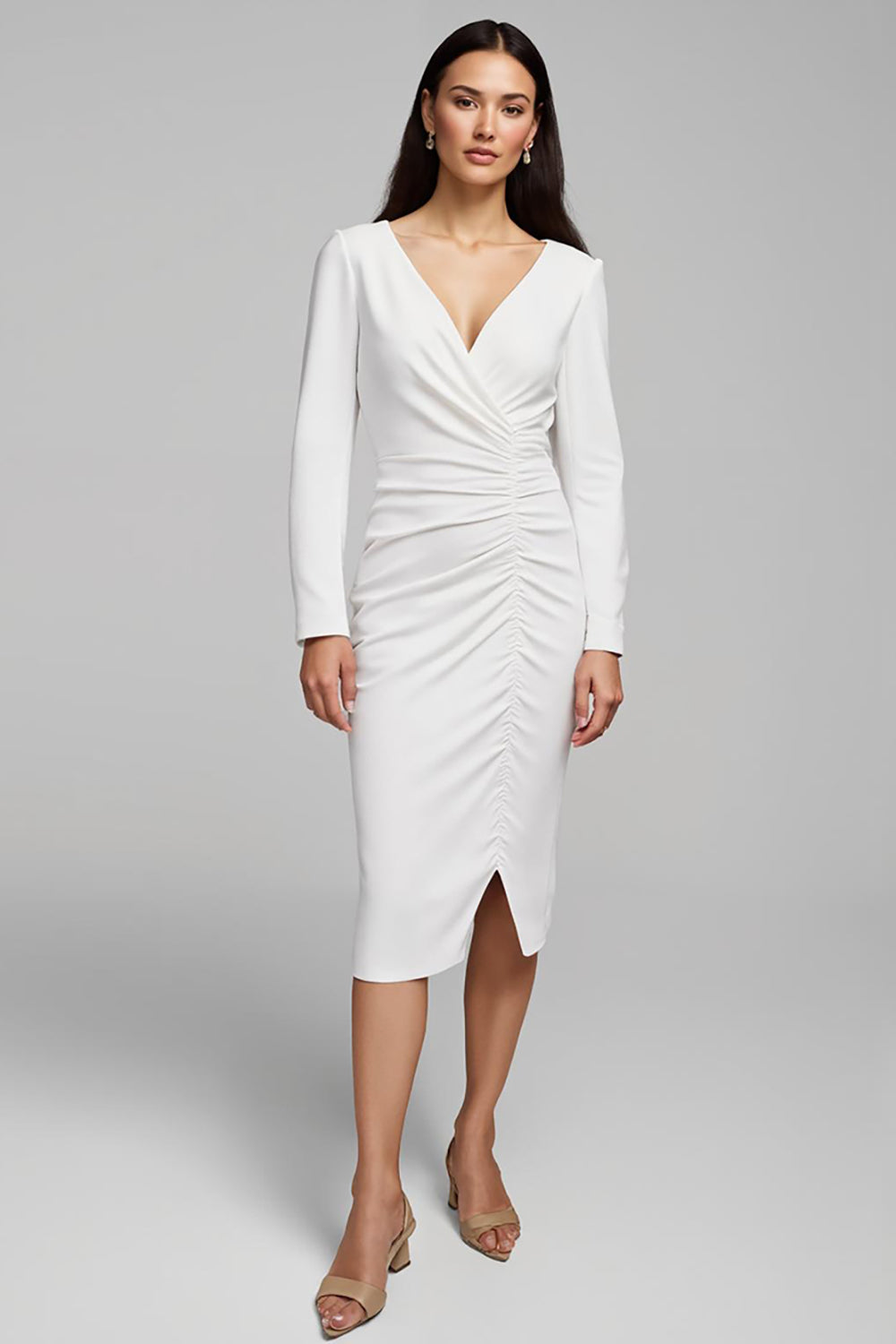 Midi Ivory Satin Sheath Ruched V-Neck Long Sleeves Work Dress with Slit