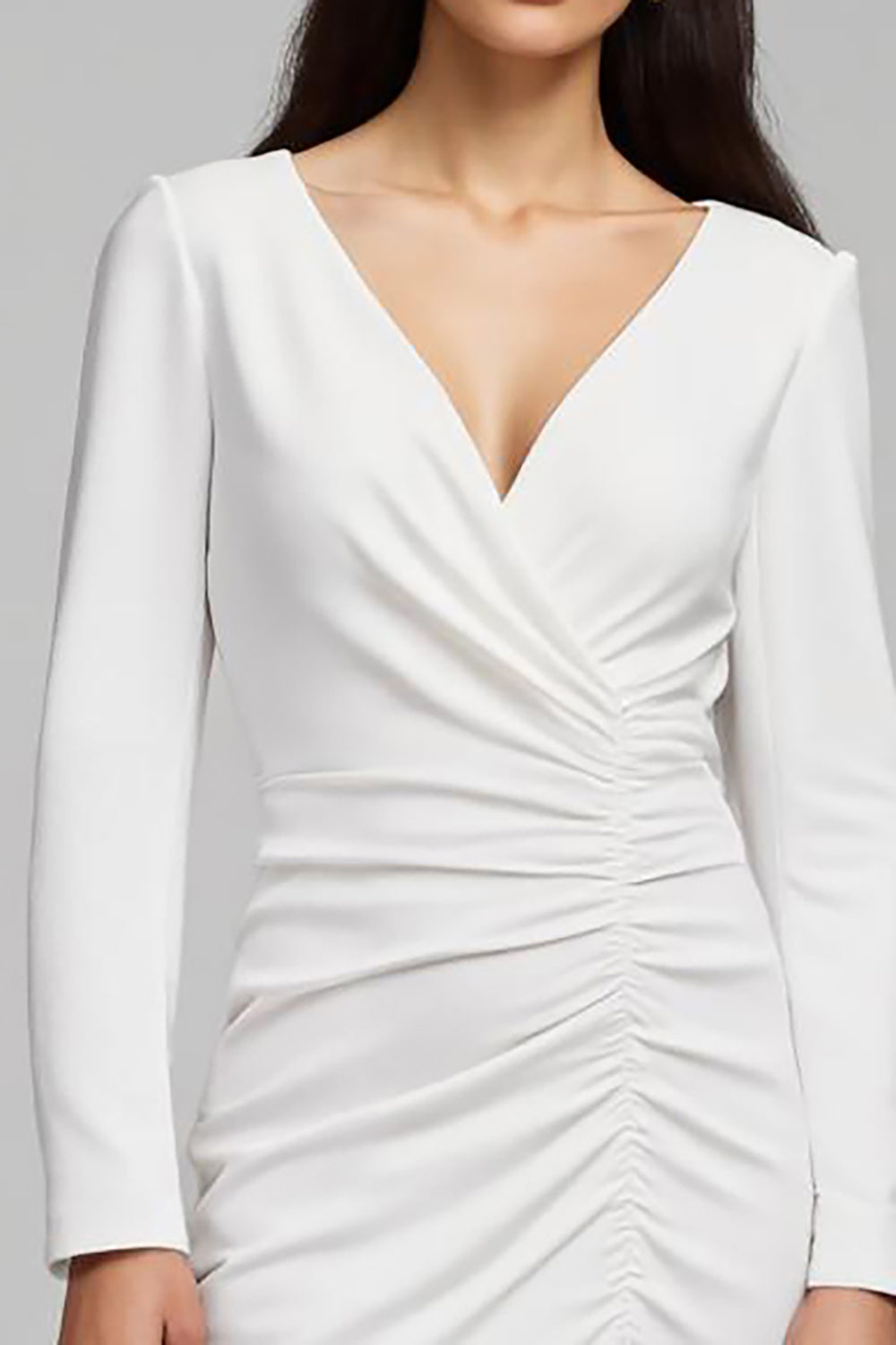 Midi Ivory Satin Sheath Ruched V-Neck Long Sleeves Work Dress with Slit