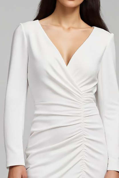 Midi Ivory Satin Sheath Ruched V-Neck Long Sleeves Work Dress with Slit
