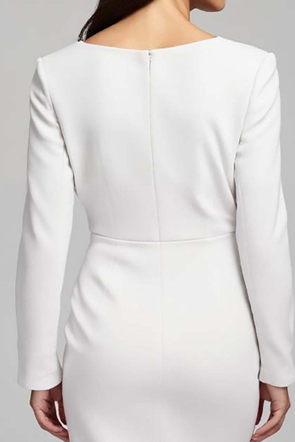 Midi Ivory Satin Sheath Ruched V-Neck Long Sleeves Work Dress with Slit