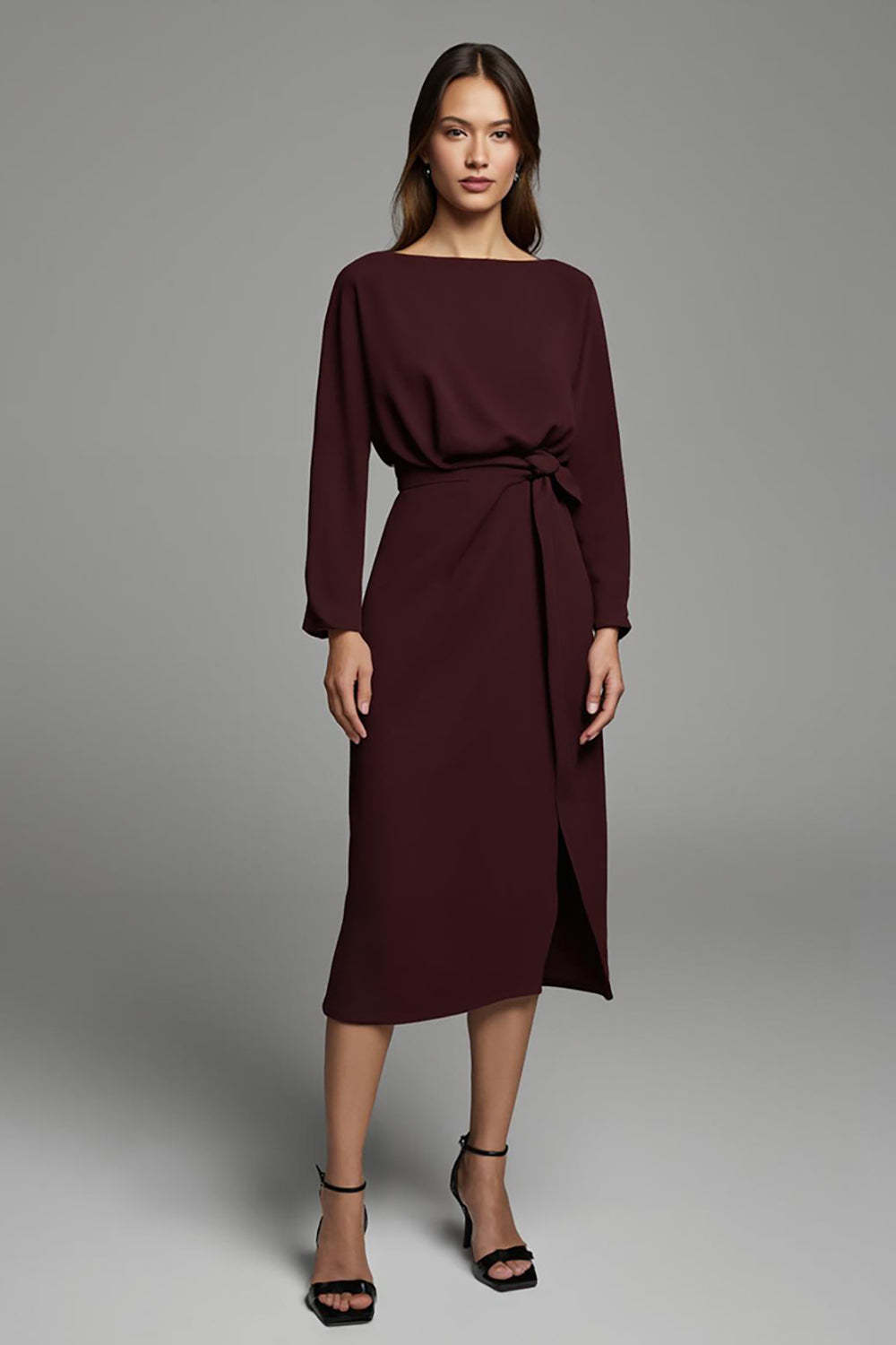 Leely Women Cabernet Sheath Midi Work Dress with Slit Satin Bateau Neck Long Sleeves Business Dress with Sash