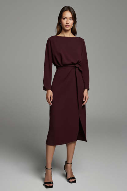 Leely Women Cabernet Sheath Midi Work Dress with Slit Satin Bateau Neck Long Sleeves Business Dress with Sash
