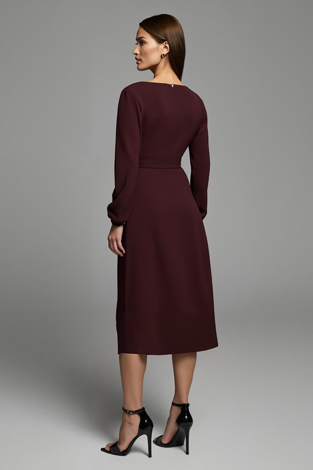 Cabernet Sheath Satin Bateau Neck Long Sleeves Midi Work Dress with Slit