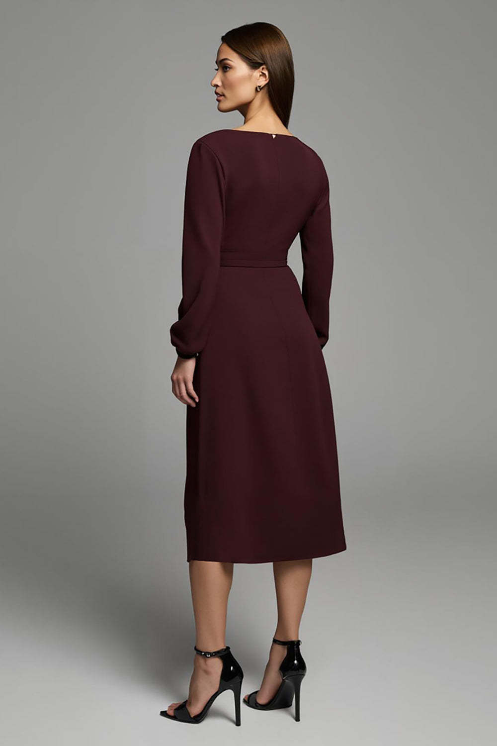 Cabernet Sheath Satin Bateau Neck Long Sleeves Midi Work Dress with Slit