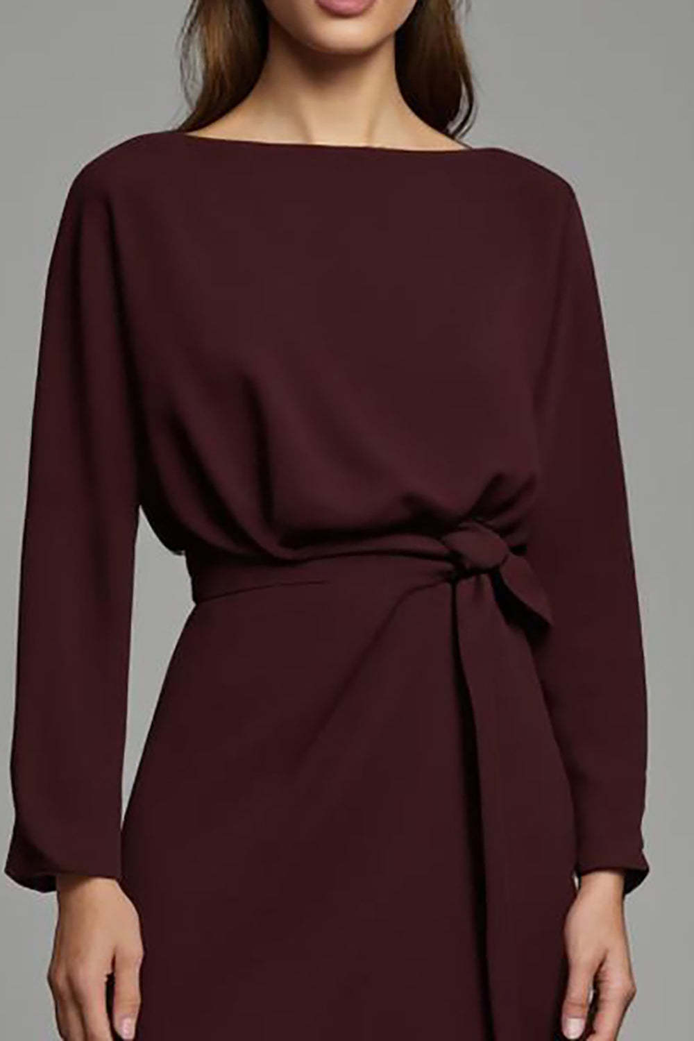 Cabernet Sheath Satin Bateau Neck Long Sleeves Midi Work Dress with Slit