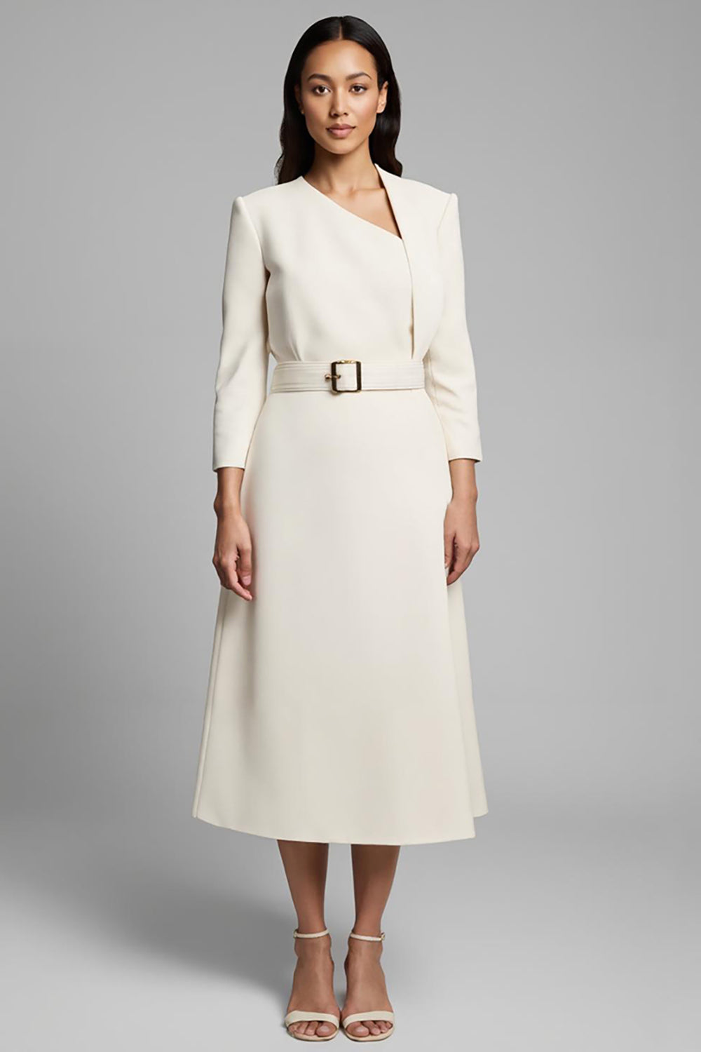 Maxi Ivory A Line Asymmetrical Neck Long Sleeves Work Dress with Belt