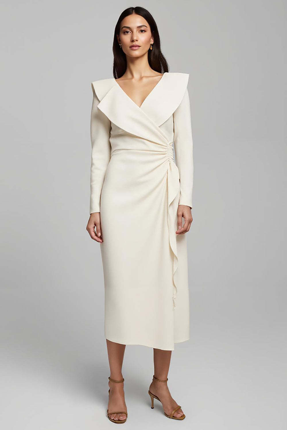 Leely Women Ivory Satin Sheath Work Dress with Ruffles V-Neck Long Sleeves Ruched Business Dress