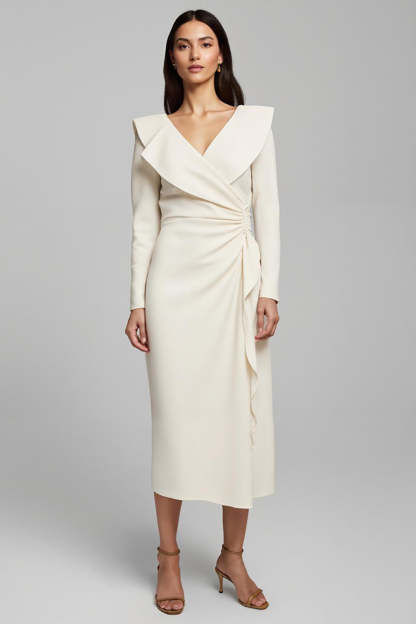 Leely Women Ivory Satin Sheath Work Dress with Ruffles V-Neck Long Sleeves Ruched Business Dress