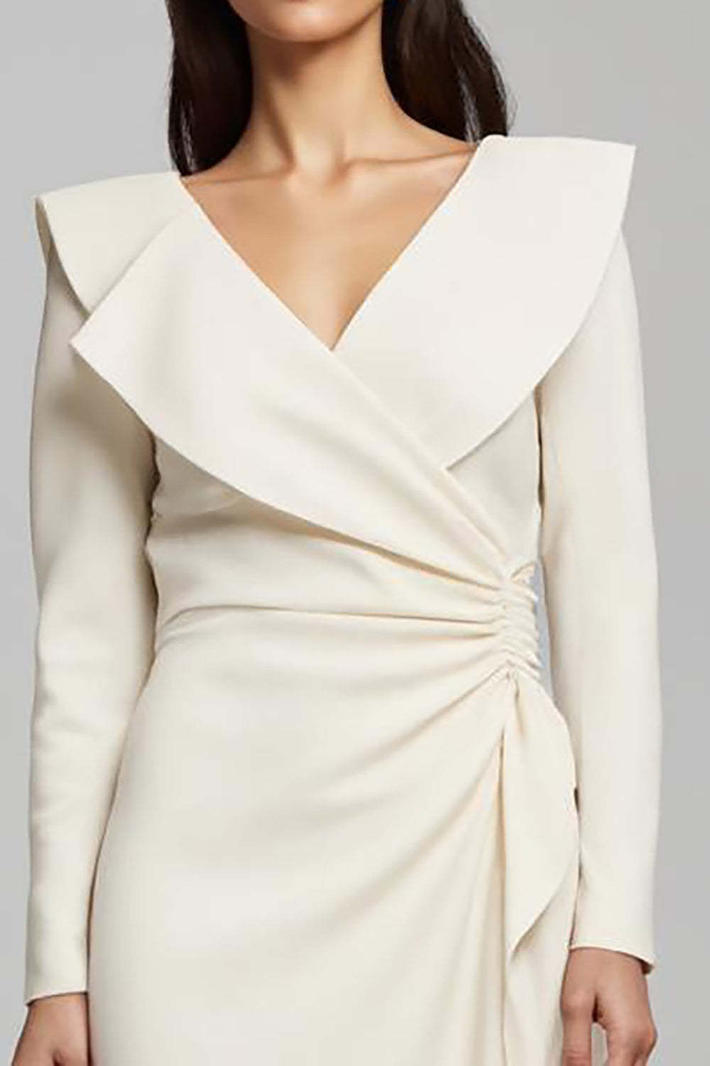 Ivory Sheath Ruched Satin V-Neck Long Sleeves Work Dress with Ruffles
