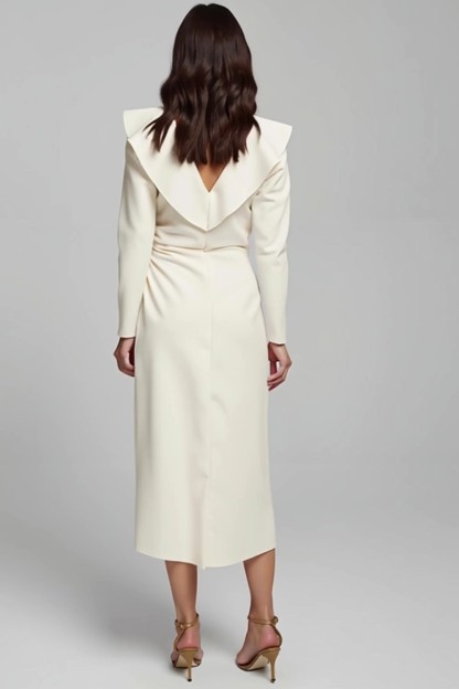 Ivory Sheath Ruched Satin V-Neck Long Sleeves Work Dress with Ruffles
