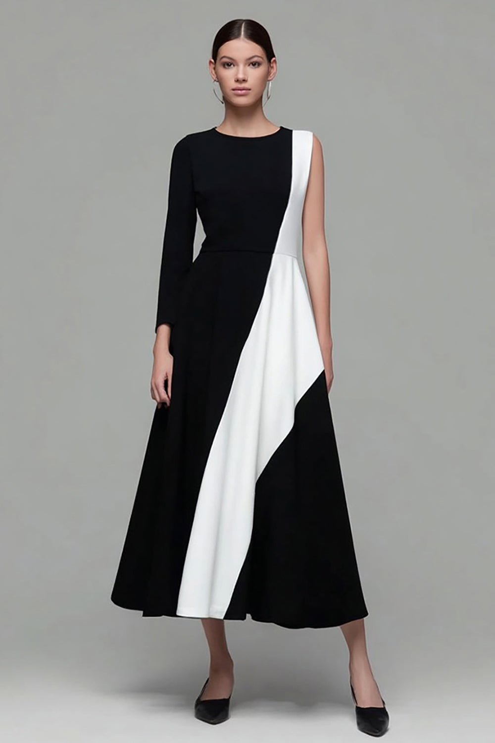 Leely Women Black and White Patchwork Maxi Work Dress A Line Jewel Neck Asymmetrical Sleeves Business Dress