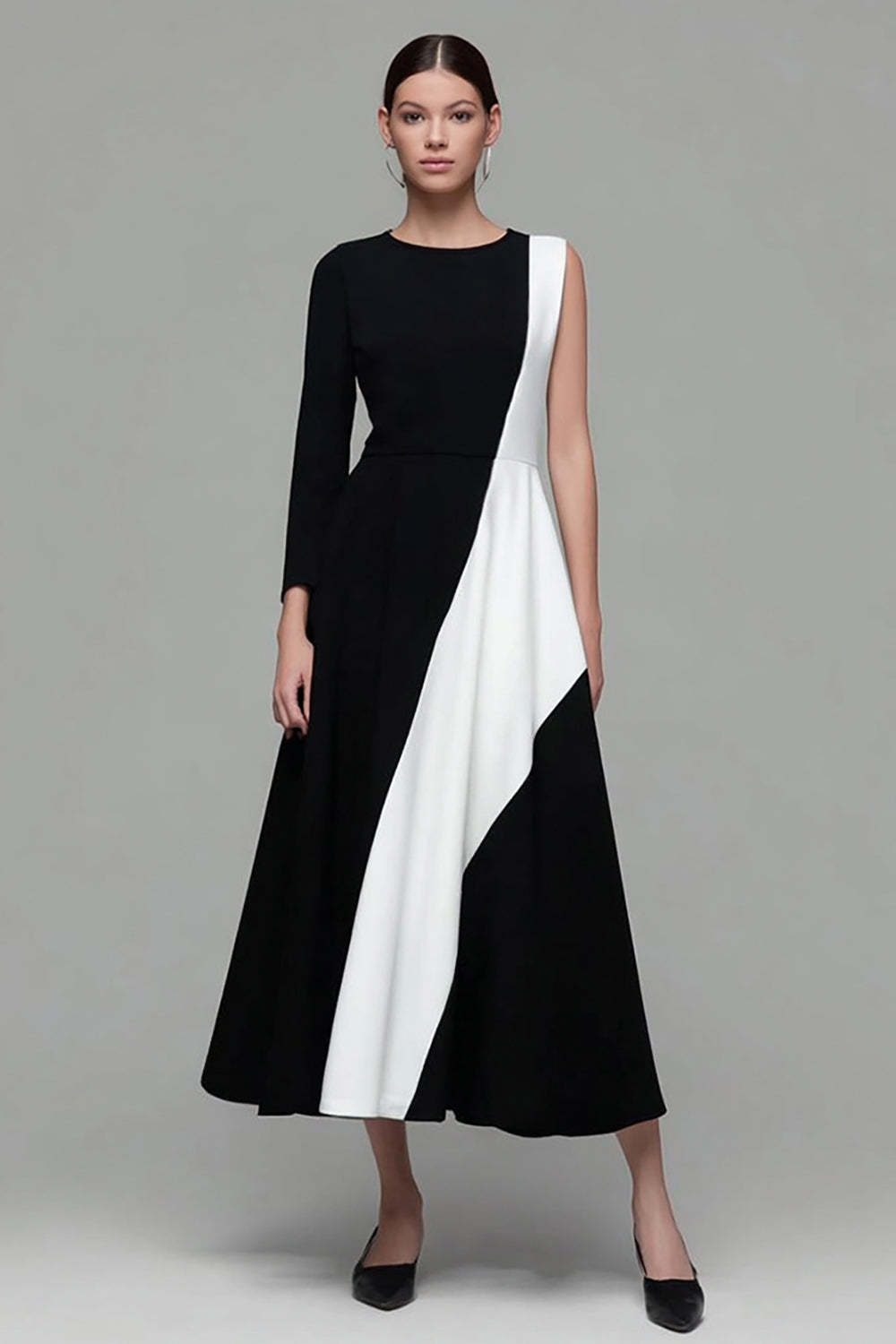 Leely Women Black and White Patchwork Maxi Work Dress A Line Jewel Neck Asymmetrical Sleeves Business Dress