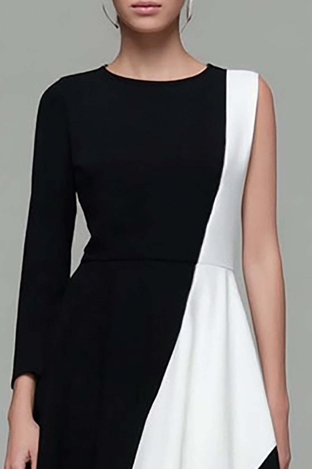 Black and White Patchwork A Line Jewel Neck Work Dress with Sleeves