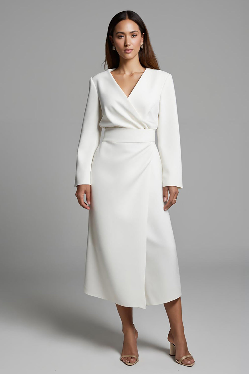 A Line V-Neck Satin Long Sleeves Ivory Work Dress